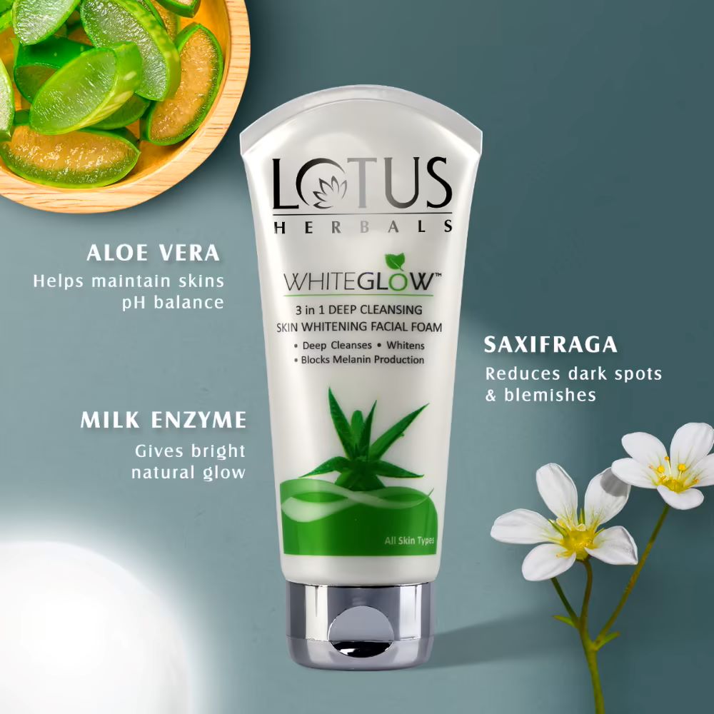 Lotus Herbals White Glow 3-In-1 Deep Cleansing Skin Whitening Facial Foam (100g)
